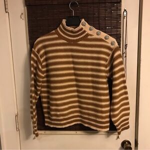 J Crew Cable-knit mockneck pullover in stripe with jewel buttons
